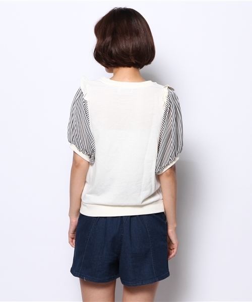 one after another NICE CLAUP(ワンアフターアナザーナイスクラップ)の「【ナイスクラップ】袖ストライププルオーバー(Tシャツ/カットソー・レディース・オフホワイト/パープル/ネイビー・FREE)」の4枚目の写真