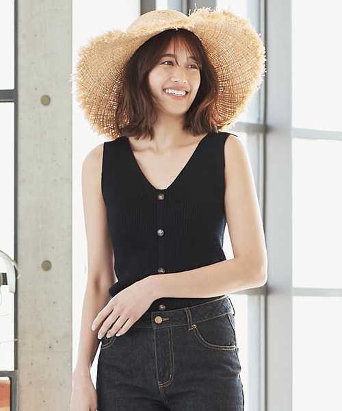 KOBE LETTUCE（コウベレタス）の「センターボタンリブニットトップス（ニット/セーター・レディース・マスタード/ブラック/オフホワイト/ベージュ・FREE）」の2枚目の写真