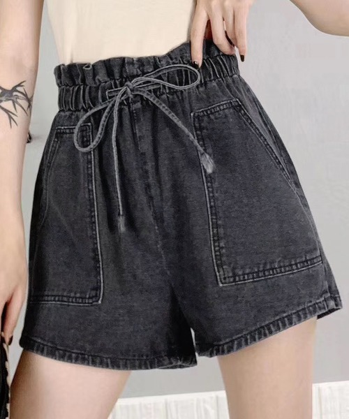 Day Closet デイ クローゼット の レディースふんわりリボンのフリル風ハイウエストデニムショートパンツ デニムパンツ Wear