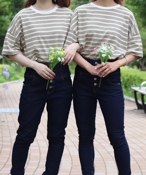 PairPair（ペアペア）の「ロールアップボーダーT（Tシャツ/カットソー・レディース・ライトベージュ/モカ/ベージュ・FREE）」の2枚目の写真