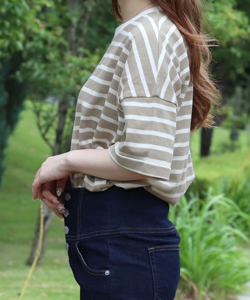 PairPair（ペアペア）の「ロールアップボーダーT（Tシャツ/カットソー・レディース・ライトベージュ/モカ/ベージュ・FREE）」の21枚目の写真