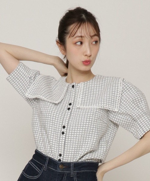 REDYAZEL（レディアゼル）の「チェックはしごレースカラータックスリーブブラウス（シャツ/ブラウス・レディース・ブラウン/オフホワイト/グリーン・FREE）」の19枚目の写真