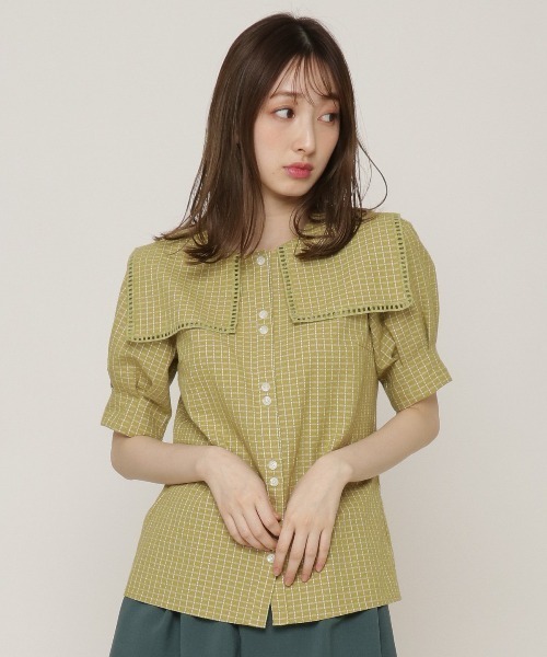 REDYAZEL（レディアゼル）の「チェックはしごレースカラータックスリーブブラウス（シャツ/ブラウス・レディース・ブラウン/オフホワイト/グリーン・FREE）」の14枚目の写真