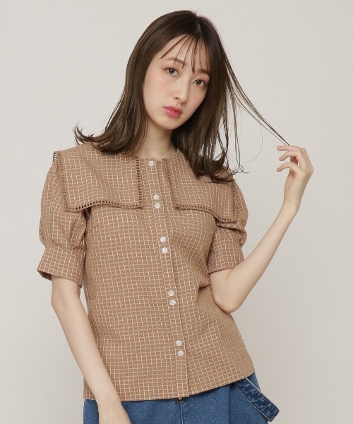 REDYAZEL（レディアゼル）の「チェックはしごレースカラータックスリーブブラウス（シャツ/ブラウス・レディース・ブラウン/オフホワイト/グリーン・FREE）」の15枚目の写真