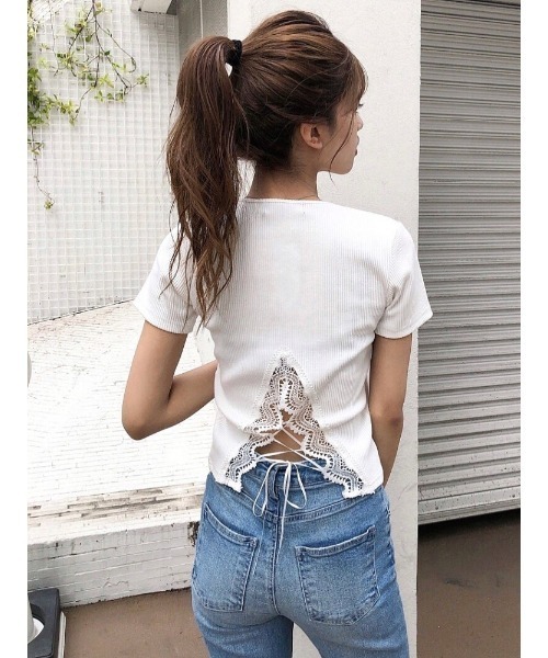 ENVYM（アンビー）の「バックレースリブTOPS（Tシャツ/カットソー・レディース・ブラック/ベージュ/ホワイト・FREE）」の2枚目の写真