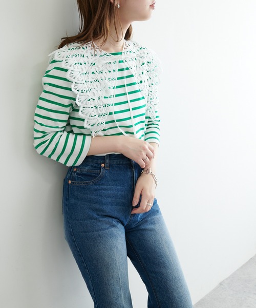 natural couture（ナチュラルクチュール）の「【WEB限定カラー有り】便利なベーシックボーダーT（Tシャツ/カットソー・レディース・ブラック/ベージュ/ブラウン/ピンク/グリーン・FREE）」の5枚目の写真