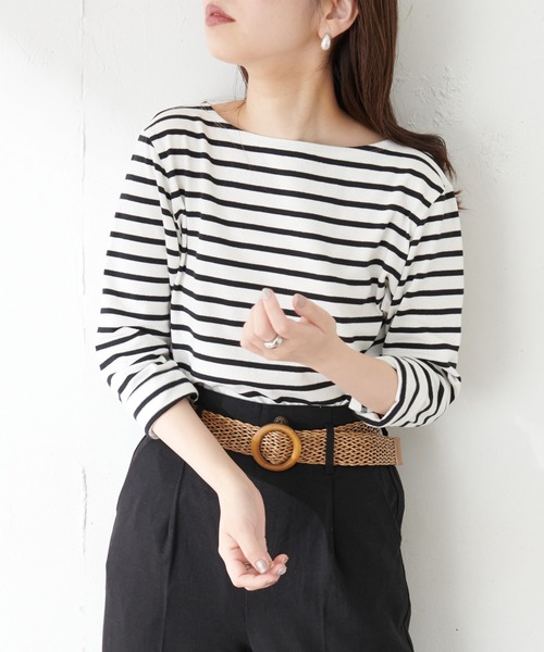 natural couture（ナチュラルクチュール）の「【WEB限定カラー有り】便利なベーシックボーダーT（Tシャツ/カットソー・レディース・ブラック/ベージュ/ブラウン/ピンク/グリーン・FREE）」の9枚目の写真