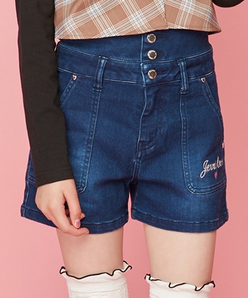 JENNI love(ジェニィラブ)の「ウエストボタンデニムショーパン(デニムパンツ・キッズ・ネイビー/ブルー・130cm/160cm/150cm/140cm)」の1枚目の写真