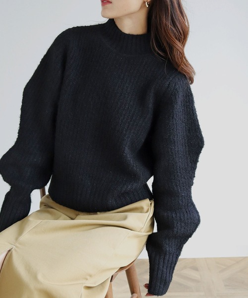 HER CLOSET(ハークローゼット)の「【shemoshelly】デザインボリュームスリーブMIXヤーンニット(ニット/セーター・レディース・ブラック/グリーン/ライトベージュ/ライトブルー/レッド/ブルーパープル・M)」の2枚目の写真