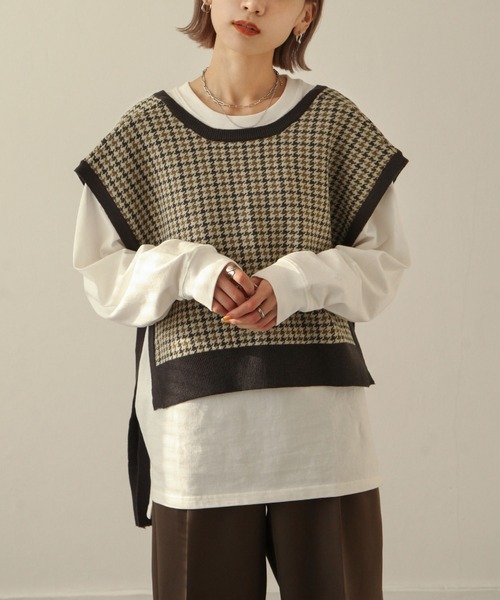 Chillfar（チルファー）の「前後2wayガンクラブチェックニットベスト（ベスト・レディース・ブラック/ベージュ/ブラウン・FREE）」の16枚目の写真