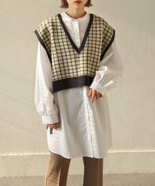 Chillfar（チルファー）の「前後2wayガンクラブチェックニットベスト（ベスト・レディース・ブラック/ベージュ/ブラウン・FREE）」の10枚目の写真