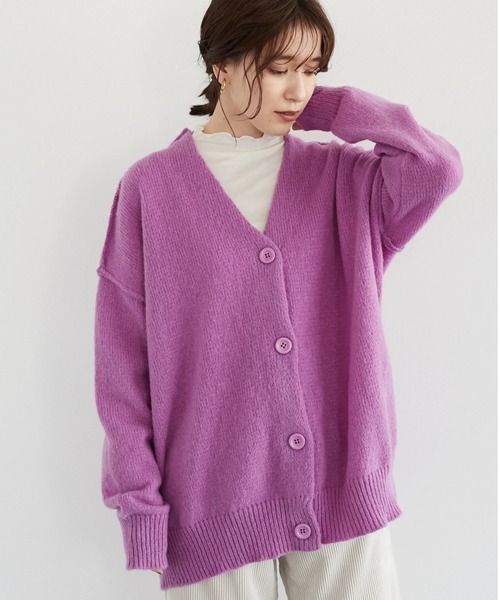 Green　Parks（グリーンパークス）の「・novem9 Vネックカーディガン＊（カーディガン/ボレロ・レディース・パープル/イエロー/グリーン/アイボリー・FREE）」の3枚目の写真