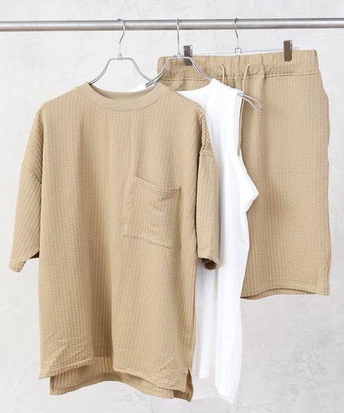 TopIsm（トップイズム）の「3点セット シアサッカー ポケット付カットソーとショーツとタンクトップのセットアップ（セットアップ・メンズ・ホワイト/ブラック/ベージュ/ネイビー・M/L）」の3枚目の写真