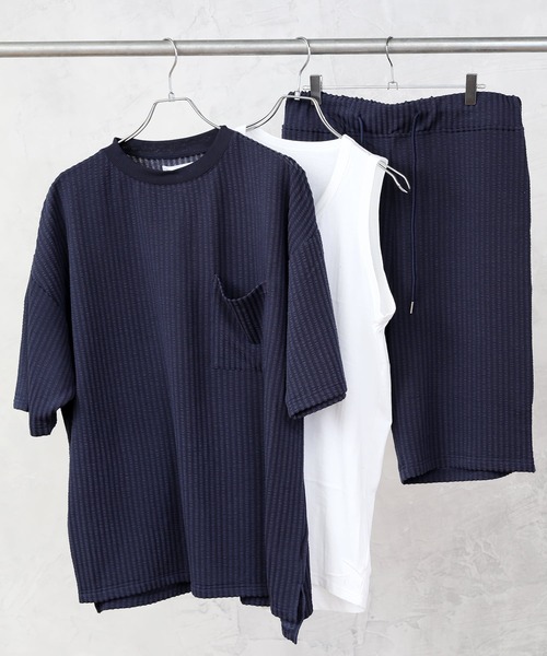 TopIsm（トップイズム）の「3点セット シアサッカー ポケット付カットソーとショーツとタンクトップのセットアップ（セットアップ・メンズ・ホワイト/ブラック/ベージュ/ネイビー・M/L）」の4枚目の写真