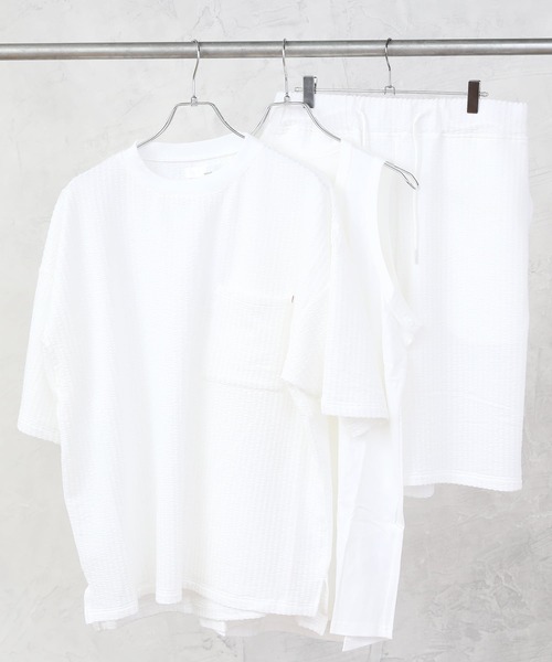 TopIsm（トップイズム）の「3点セット シアサッカー ポケット付カットソーとショーツとタンクトップのセットアップ（セットアップ・メンズ・ホワイト/ブラック/ベージュ/ネイビー・M/L）」の8枚目の写真