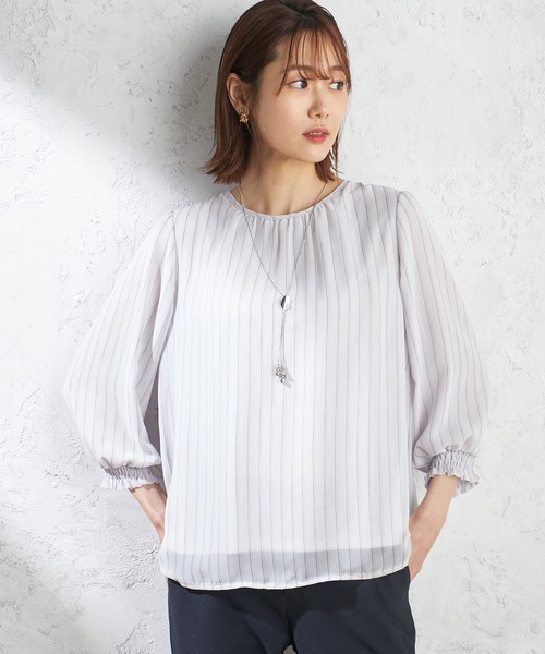 A/C DESIGN BY ALPHA CUBIC(エーシーデザインバイアルファキュービック)の「ストライプシフォンTブラウス(Tシャツ/カットソー・レディース・ベージュ/ラベンダー/グリーン・M/L/LL)」の3枚目の写真