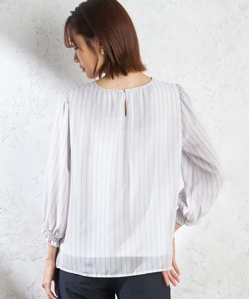 A/C DESIGN BY ALPHA CUBIC(エーシーデザインバイアルファキュービック)の「ストライプシフォンTブラウス(Tシャツ/カットソー・レディース・ベージュ/ラベンダー/グリーン・M/L/LL)」の9枚目の写真