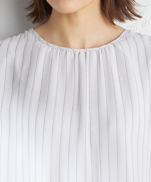 A/C DESIGN BY ALPHA CUBIC(エーシーデザインバイアルファキュービック)の「ストライプシフォンTブラウス(Tシャツ/カットソー・レディース・ベージュ/ラベンダー/グリーン・M/L/LL)」の7枚目の写真