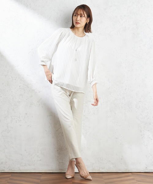 A/C DESIGN BY ALPHA CUBIC(エーシーデザインバイアルファキュービック)の「ストライプシフォンTブラウス(Tシャツ/カットソー・レディース・ベージュ/ラベンダー/グリーン・M/L/LL)」の14枚目の写真