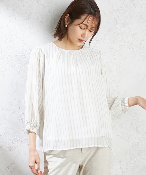 A/C DESIGN BY ALPHA CUBIC(エーシーデザインバイアルファキュービック)の「ストライプシフォンTブラウス(Tシャツ/カットソー・レディース・ベージュ/ラベンダー/グリーン・M/L/LL)」の16枚目の写真