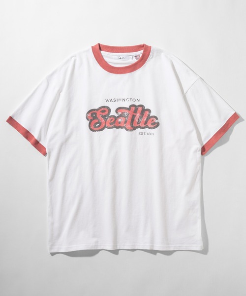 make a ray!(メイク ア レイ!)の「ビッグシルエット カレッジロゴ クルーネック リンガーTシャツ/【Seattle/シアトル】/【USAコットン】/古着風デザイン(Tシャツ/カットソー・レディース・ダークブルー/ホワイト/グリーン/スミクロ・M/L)」の5枚目の写真