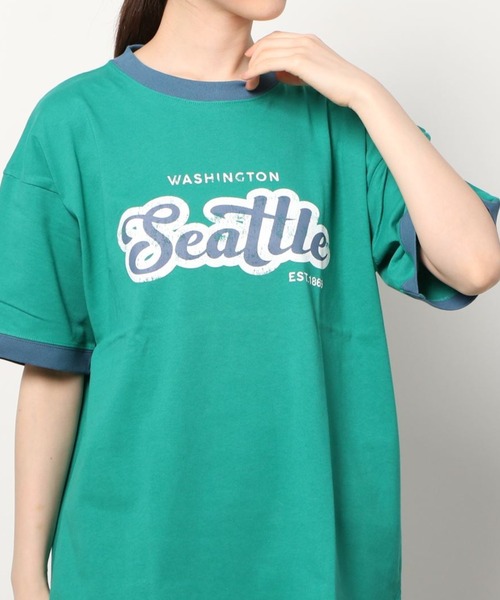 make a ray!(メイク ア レイ!)の「ビッグシルエット カレッジロゴ クルーネック リンガーTシャツ/【Seattle/シアトル】/【USAコットン】/古着風デザイン(Tシャツ/カットソー・レディース・ダークブルー/ホワイト/グリーン/スミクロ・M/L)」の19枚目の写真