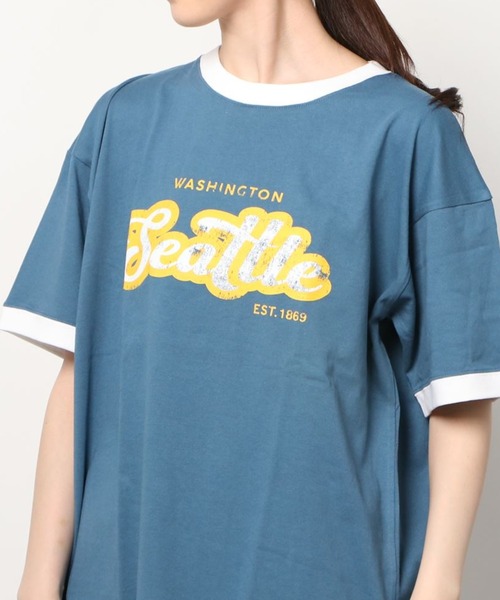 make a ray!(メイク ア レイ!)の「ビッグシルエット カレッジロゴ クルーネック リンガーTシャツ/【Seattle/シアトル】/【USAコットン】/古着風デザイン(Tシャツ/カットソー・レディース・ダークブルー/ホワイト/グリーン/スミクロ・M/L)」の20枚目の写真
