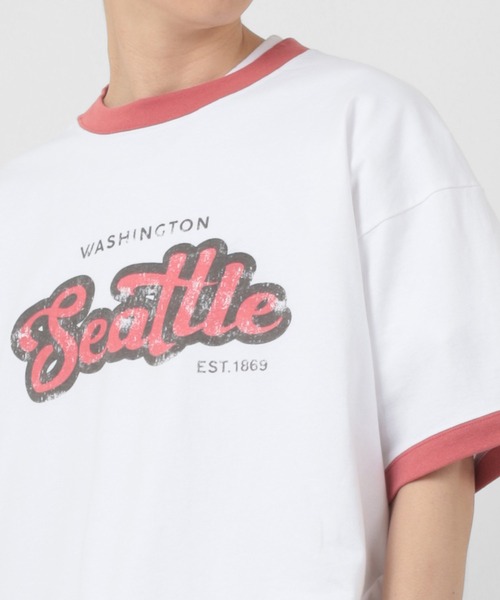 make a ray!(メイク ア レイ!)の「ビッグシルエット カレッジロゴ クルーネック リンガーTシャツ/【Seattle/シアトル】/【USAコットン】/古着風デザイン(Tシャツ/カットソー・レディース・ダークブルー/ホワイト/グリーン/スミクロ・M/L)」の22枚目の写真