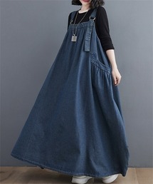 上品マキシ丈デニムサロペットワンピース