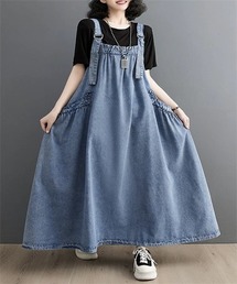 上品マキシ丈デニムサロペットワンピース