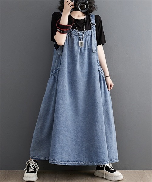 セール】上品マキシ丈デニムサロペットワンピース（ワンピース