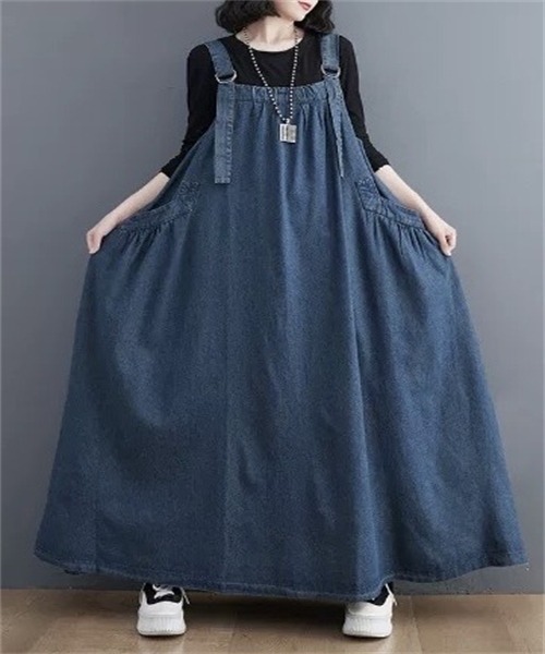 Dream garden(ドリームガーデン)の「上品マキシ丈デニムサロペットワンピース(ワンピース・レディース・ネイビー/ブルー/ブラック・M/L/XL/XXL)」の14枚目の写真