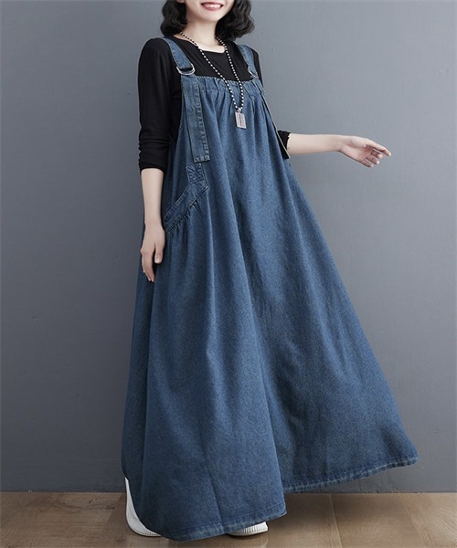 Dream garden(ドリームガーデン)の「上品マキシ丈デニムサロペットワンピース(ワンピース・レディース・ネイビー/ブルー/ブラック・M/L/XL/XXL)」の15枚目の写真