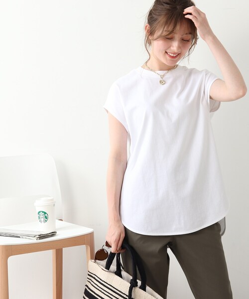 DRESKIP(ドレスキップ)の「◆【USAコットン100%/洗える】フレンチスリーブTシャツ(Tシャツ/カットソー・レディース・ライトベージュ/ブラック系2/グレー系その他/ダークオレンジ/オフホワイト・02/04/03)」の2枚目の写真