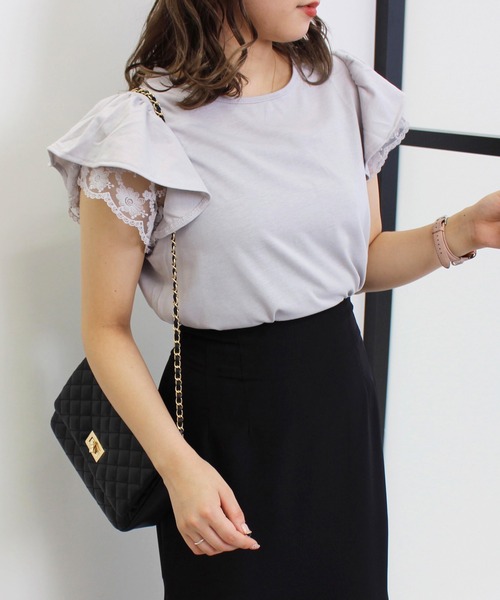 INGNI（イング）の「袖レースフリルTシャツ（Tシャツ/カットソー・レディース・ブラック/オフホワイト/オレンジ/グリーン/グレー系その他・M）」の4枚目の写真