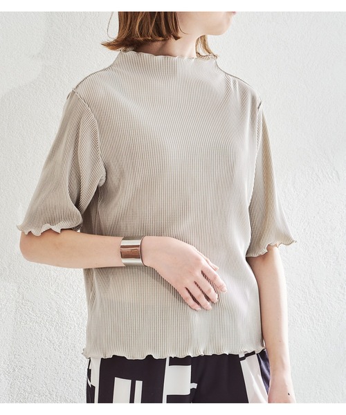 acro（アクロ）の「2waｙハイネックメロープリーツ5分袖トップス/AC1427（Tシャツ/カットソー・レディース・グリーン/ベージュ/オレンジ/ブラック/ブラウン/グレー/ホワイト/ピンク・ﾌﾘ-）」の3枚目の写真