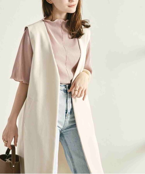 acro（アクロ）の「2waｙハイネックメロープリーツ5分袖トップス/AC1427（Tシャツ/カットソー・レディース・グリーン/ベージュ/オレンジ/ブラック/ブラウン/グレー/ホワイト/ピンク・ﾌﾘ-）」の7枚目の写真