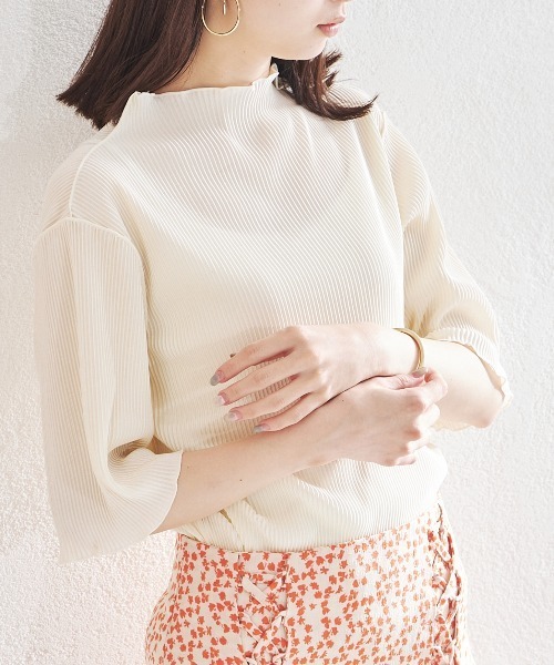 acro（アクロ）の「2waｙハイネックメロープリーツ5分袖トップス/AC1427（Tシャツ/カットソー・レディース・グリーン/ベージュ/オレンジ/ブラック/ブラウン/グレー/ホワイト/ピンク・ﾌﾘ-）」の14枚目の写真