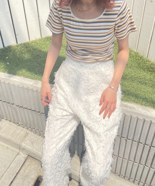 DuKKah(デュカ)の「Dukkah/【WEB限定】【低身長向け】コットンストライプTシャツ(Tシャツ/カットソー・レディース・ホワイト系その他5/イエロー系その他6/レッド系その他5・X-SMALL)」の2枚目の写真