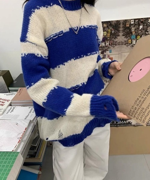 VIBGYOR（ヴィブジョー）の「【LAMPOON】ダメージボーダービッグニット（ニット/セーター・レディース・ブラック/ブルー・MEDIUM）」の15枚目の写真