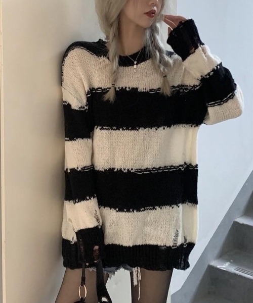 VIBGYOR（ヴィブジョー）の「【LAMPOON】ダメージボーダービッグニット（ニット/セーター・レディース・ブラック/ブルー・MEDIUM）」の19枚目の写真