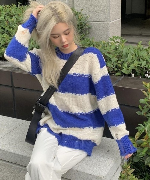 VIBGYOR（ヴィブジョー）の「【LAMPOON】ダメージボーダービッグニット（ニット/セーター・レディース・ブラック/ブルー・MEDIUM）」の20枚目の写真