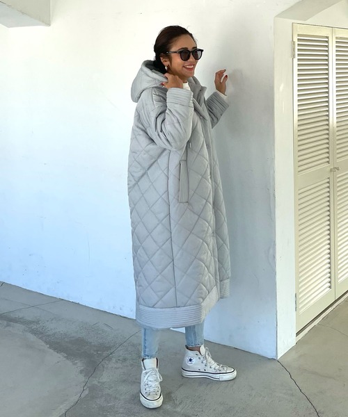 フード中綿キルティングベンチロングコート（ダウンジャケット/コート