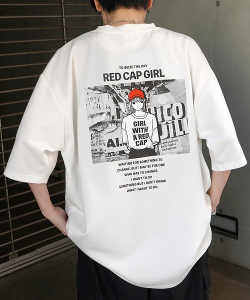 Red Cap Girl（レッドキャプガール）の「【RED CAP GIRL】 バックイラスト / バック転写 ワンポイント刺繍 ドレープとろみ ポンチ ビッグシルエットプリントTシャツ（Tシャツ/カットソー・メンズ・ホワイト系その他/サックスブルー系/ブラック/サックスブルー/ベージュ/ベージュ系その他/ホワイト/ブラック系その他/ライトグレー/ライトグレー系/ライトグレー系2/ライトグレー系3/ホワイト系その他2/ホワイト系その他3/ブラック系その他2/ブラック系その他3/ブルー系2/ブルー系3・M/L/XL）」の5枚目の写真