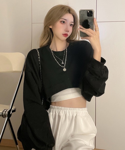 セール】ショート丈 スウェット クロップド丈 長袖 プルオーバー