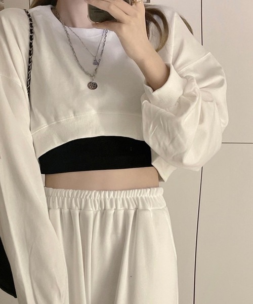 セール】ショート丈 スウェット クロップド丈 長袖 プルオーバー