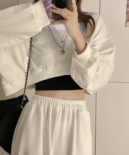 セール】ショート丈 スウェット クロップド丈 長袖 プルオーバー