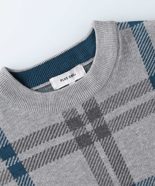 PLUS ONE（プラスワン）の「【PLUS ONE】【BENRY】チェック柄クルーネックニット（ニット/セーター・メンズ・グレー/ブラック・M/XL/L）」の4枚目の写真