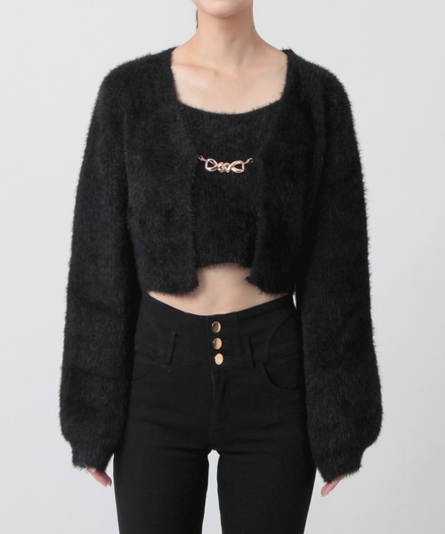 Julia Boutique（ジュリアブティック）の「チェーン付きシャギーニットカーディガン+キャミソールセット/23507（アンサンブル・レディース・オフホワイト/ブラック・ONE）」の15枚目の写真