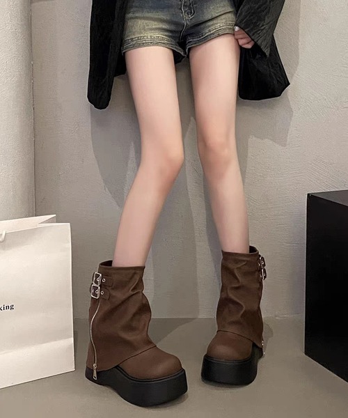 セール】ファスナー付きカバー風厚底ミドルブーツ（ブーツ）｜Lace